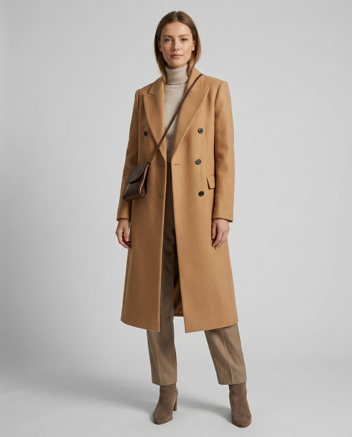 Women's Lapel Wool-Blend Tailored Coat — Double-Breasted Long-Sleeve Overcoat