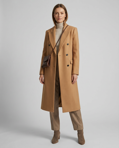 Women's Lapel Wool-Blend Tailored Coat — Double-Breasted Long-Sleeve Overcoat