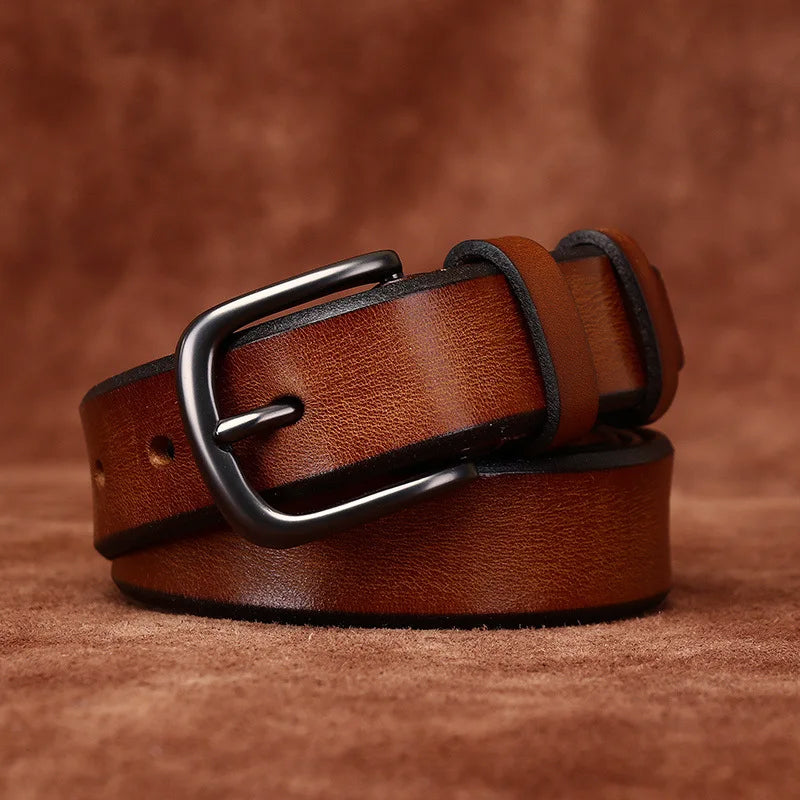 Genuine Leather Belt with Rounded Metal Buckle