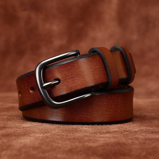 Genuine Leather Belt with Rounded Metal Buckle