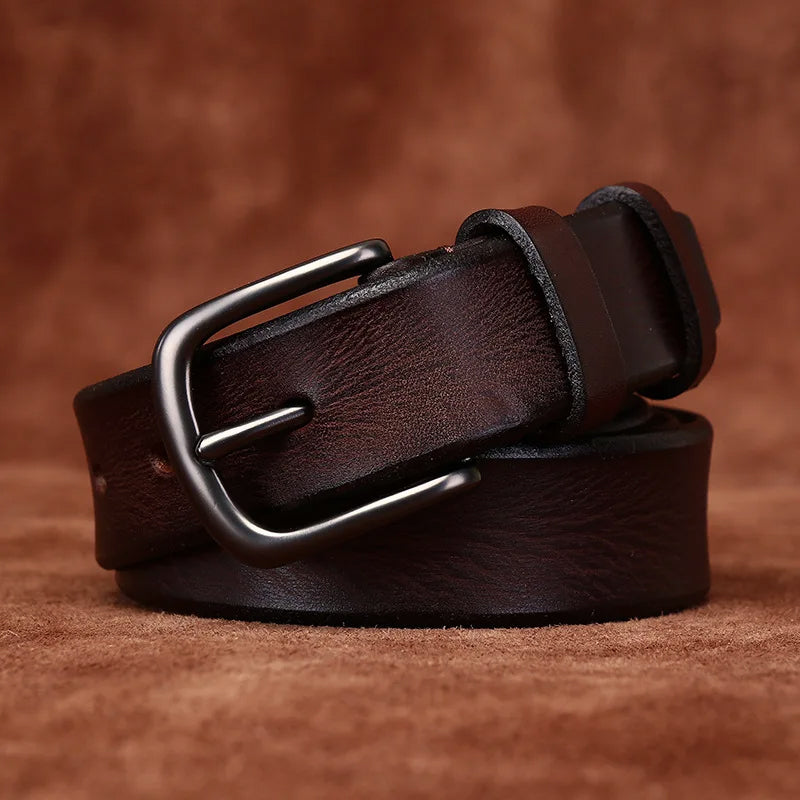 Genuine Leather Belt with Rounded Metal Buckle