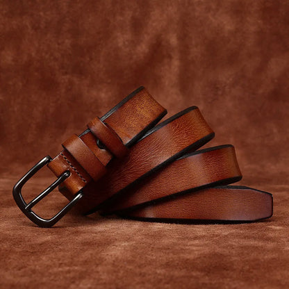 Genuine Leather Belt with Rounded Metal Buckle