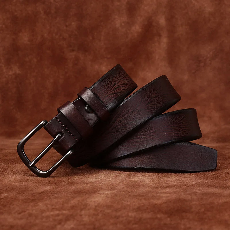 Genuine Leather Belt with Rounded Metal Buckle
