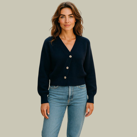 Cross Button V-Neck Wool Blend Sweater for Women