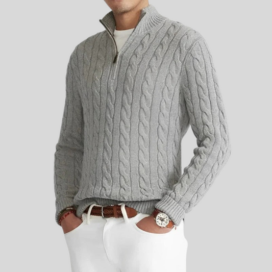 Duncan | Cable Knit Quarter Zip Sweater Ribbed Hem