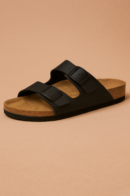 Jarred | Double Buckle Cork Wedge Slides
