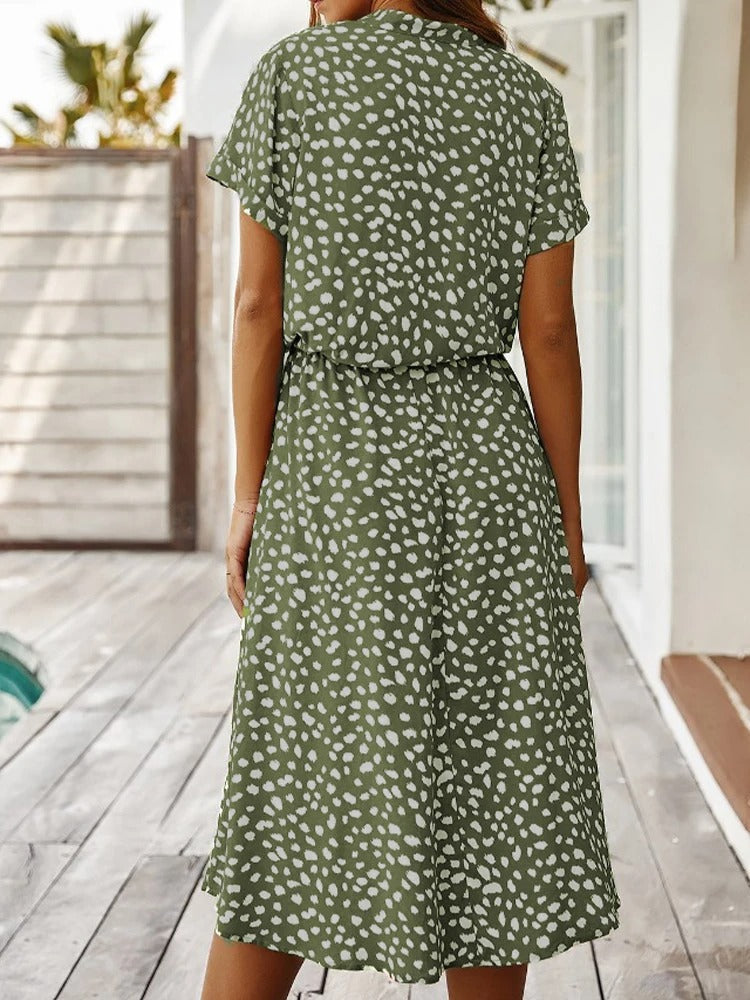 Summara | Printed Short Sleeve Adjustable Waist Casual Midi Dress