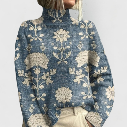 Flora | Women's Floral Jacquard Turtleneck Knit Sweater