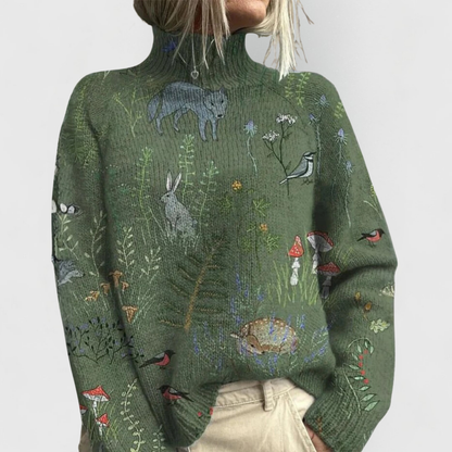 Flora | Women's Floral Jacquard Turtleneck Knit Sweater