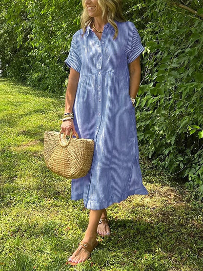 Lily | Women's Coastal Striped Button Midi Shirt Dress