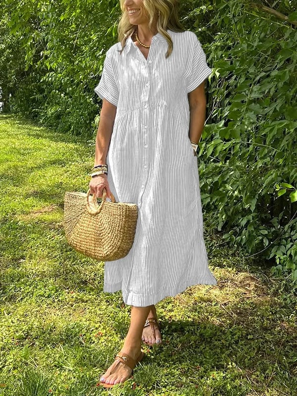 Lily | Women's Coastal Striped Button Midi Shirt Dress