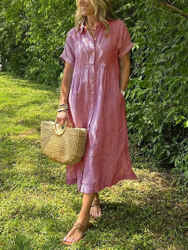 Lily | Women's Coastal Striped Button Midi Shirt Dress