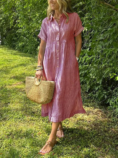 Lily | Women's Coastal Striped Button Midi Shirt Dress