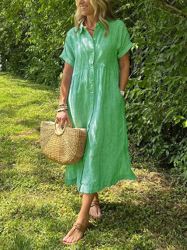 Lily | Women's Coastal Striped Button Midi Shirt Dress