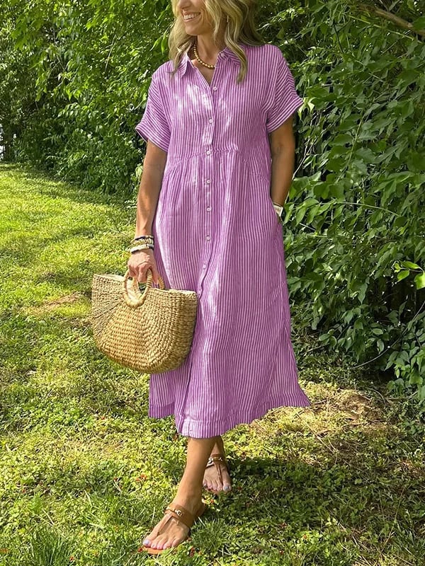 Lily | Women's Coastal Striped Button Midi Shirt Dress