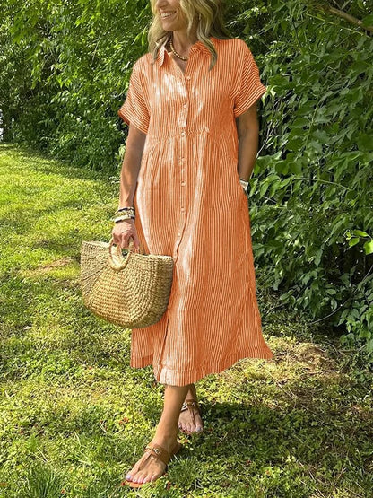 Lily | Women's Coastal Striped Button Midi Shirt Dress
