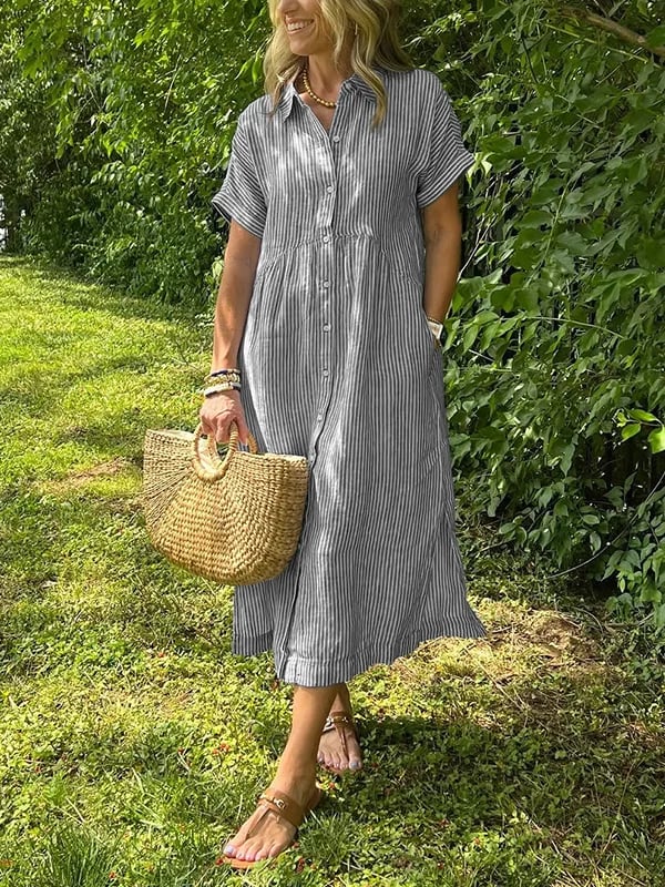Lily | Women's Coastal Striped Button Midi Shirt Dress