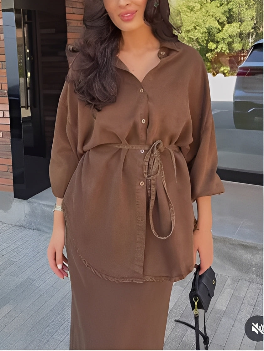 Women's Long Sleeve Tie-Front Shirt and Skirt Two-Piece Set