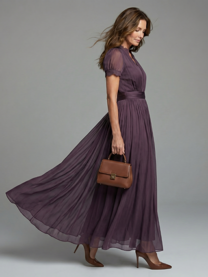 Sheerova | Pleated Waist Sheer Sleeve Evening Maxi Dress