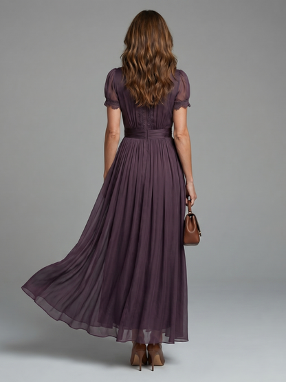 Sheerova | Pleated Waist Sheer Sleeve Evening Maxi Dress