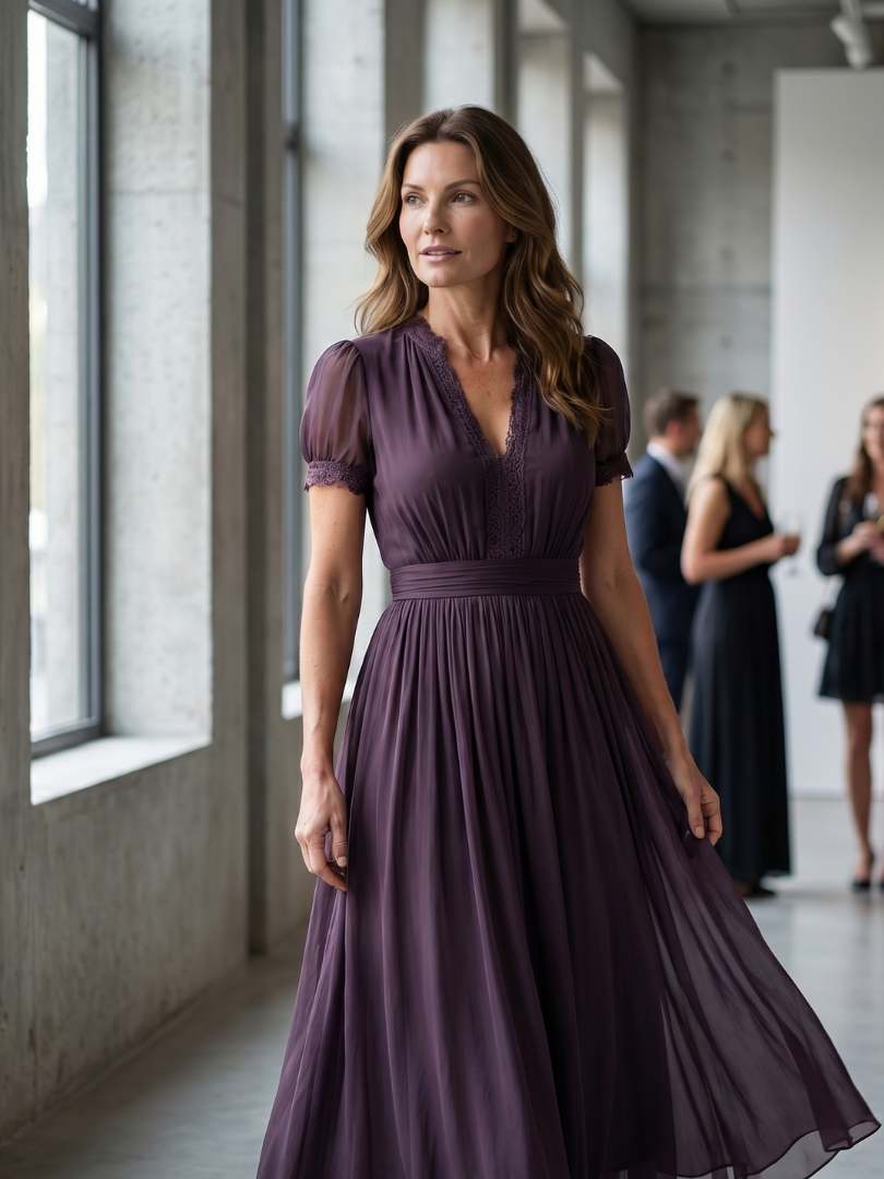 Sheerova | Pleated Waist Sheer Sleeve Evening Maxi Dress