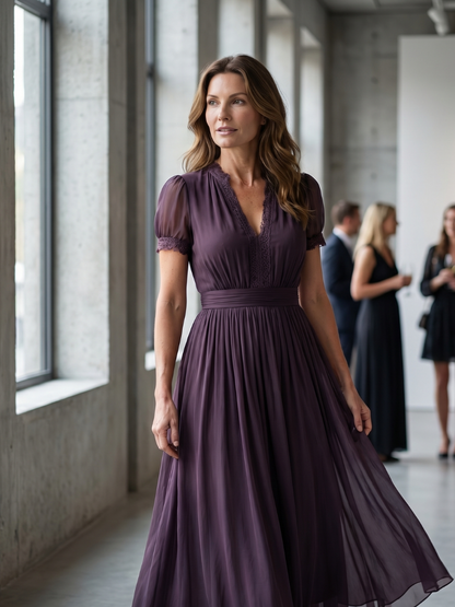 Sheerova | Pleated Waist Sheer Sleeve Evening Maxi Dress