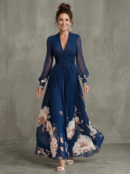 Sheerina | Printed Plunge Neck Sheer Sleeve Maxi Dress