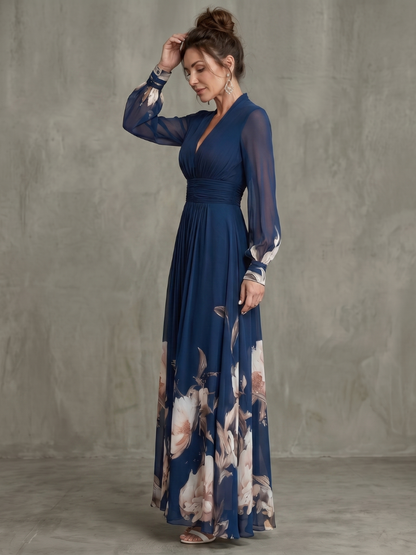 Sheerina | Printed Plunge Neck Sheer Sleeve Maxi Dress