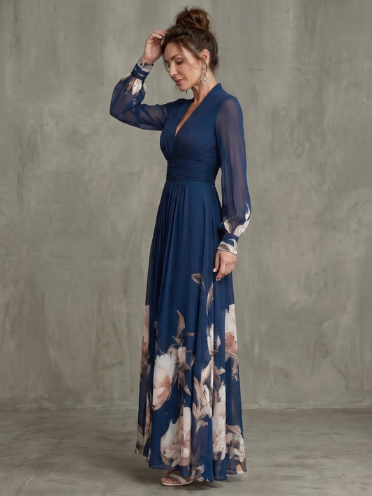 Sheerina | Printed Plunge Neck Sheer Sleeve Maxi Dress