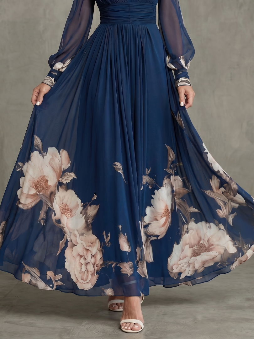 Sheerina | Printed Plunge Neck Sheer Sleeve Maxi Dress
