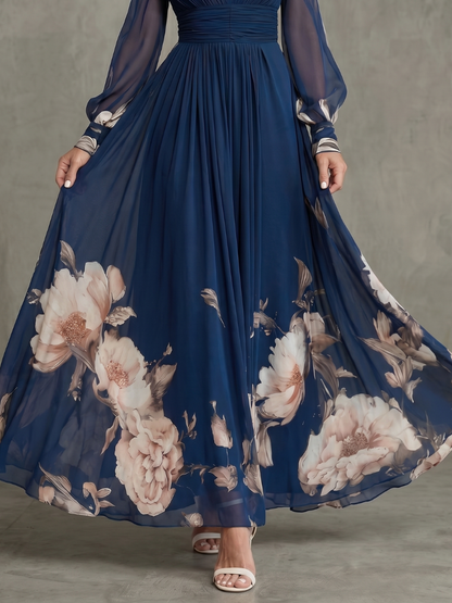 Sheerina | Printed Plunge Neck Sheer Sleeve Maxi Dress