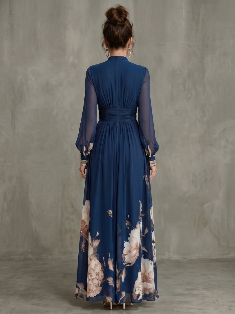 Sheerina | Printed Plunge Neck Sheer Sleeve Maxi Dress