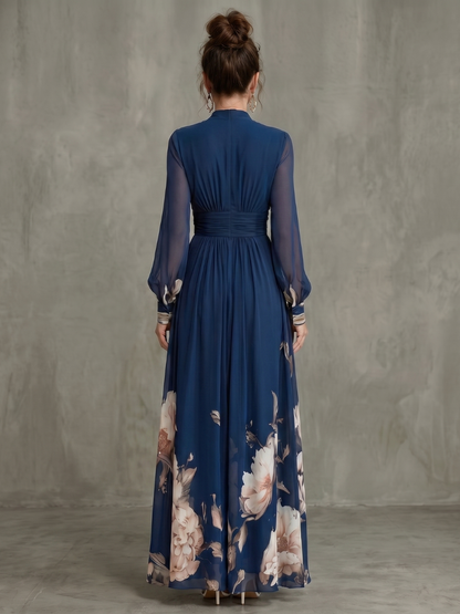 Sheerina | Printed Plunge Neck Sheer Sleeve Maxi Dress
