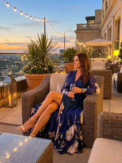 Sheerina | Printed Plunge Neck Sheer Sleeve Maxi Dress