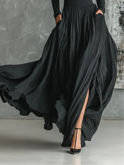 Women's Black Turtleneck Top and Pleated Midi Skirt Two-Piece Set