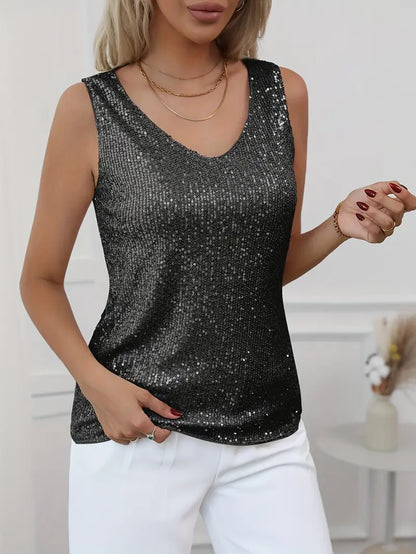Mila | Women's Sparkle Sleeveless V-Neck Evening Top