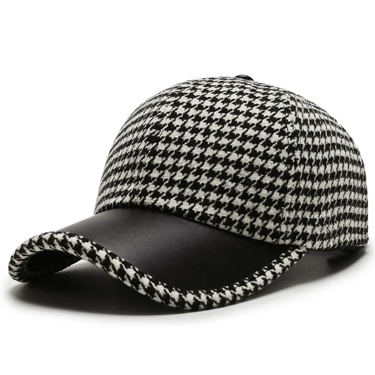 Men’s Houndstooth Cap with Faux Leather Detailing