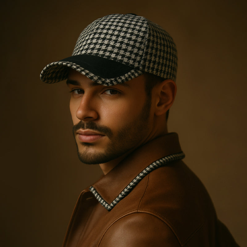 Men’s Houndstooth Cap with Faux Leather Detailing