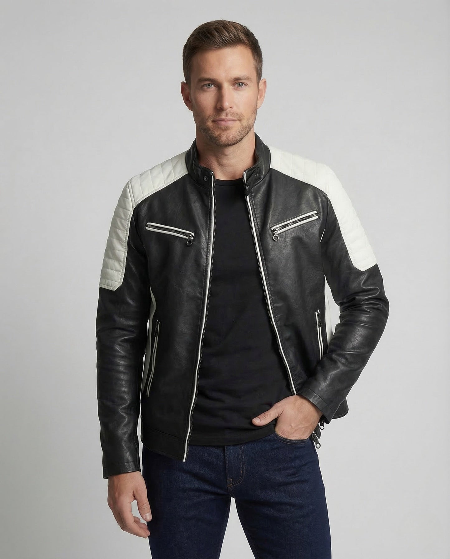 Zane | Men's Band Collar Quilted Shoulder Zip Jacket