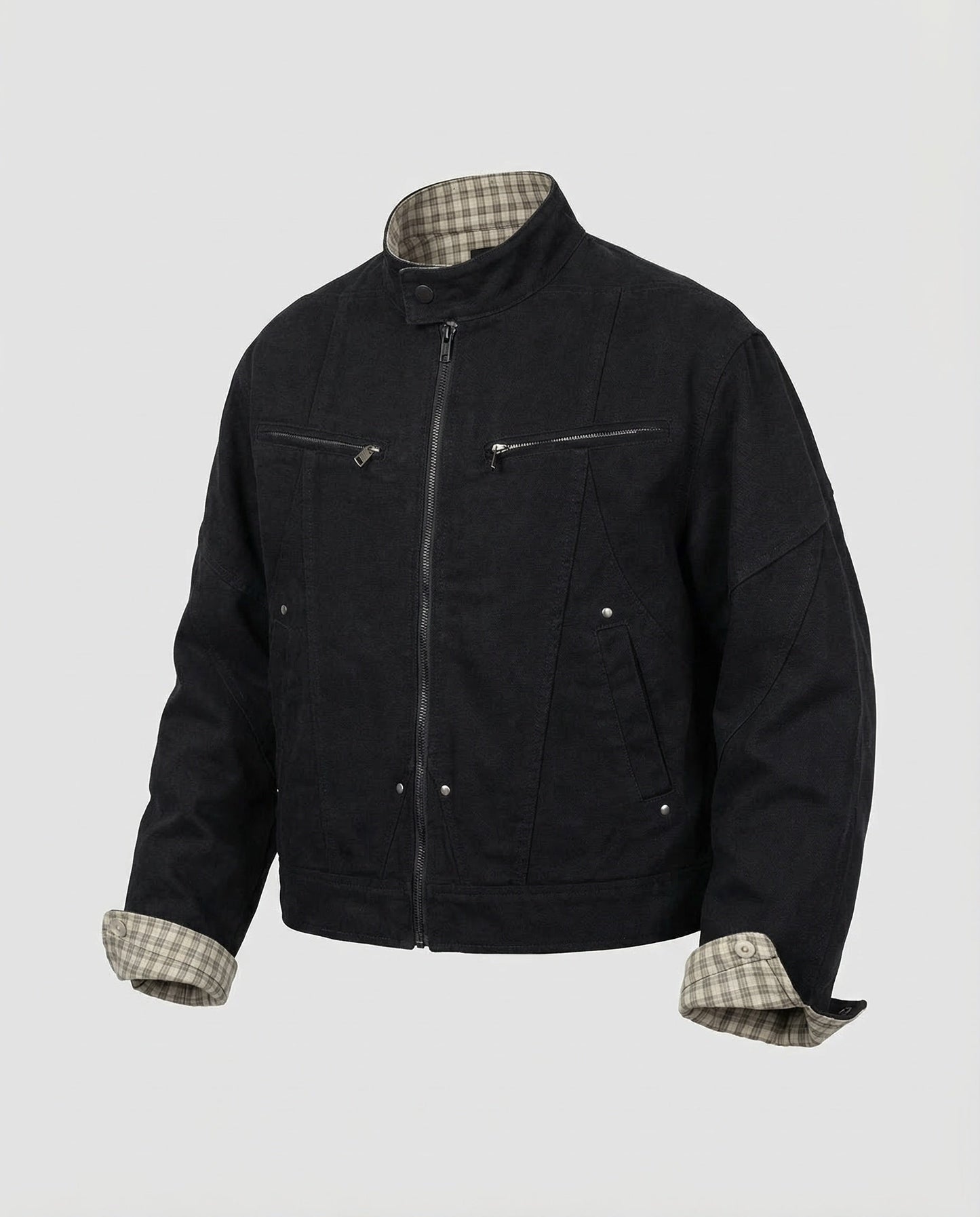 Otto | Men's Stand Collar Zip Jacket with Plaid Cuffs