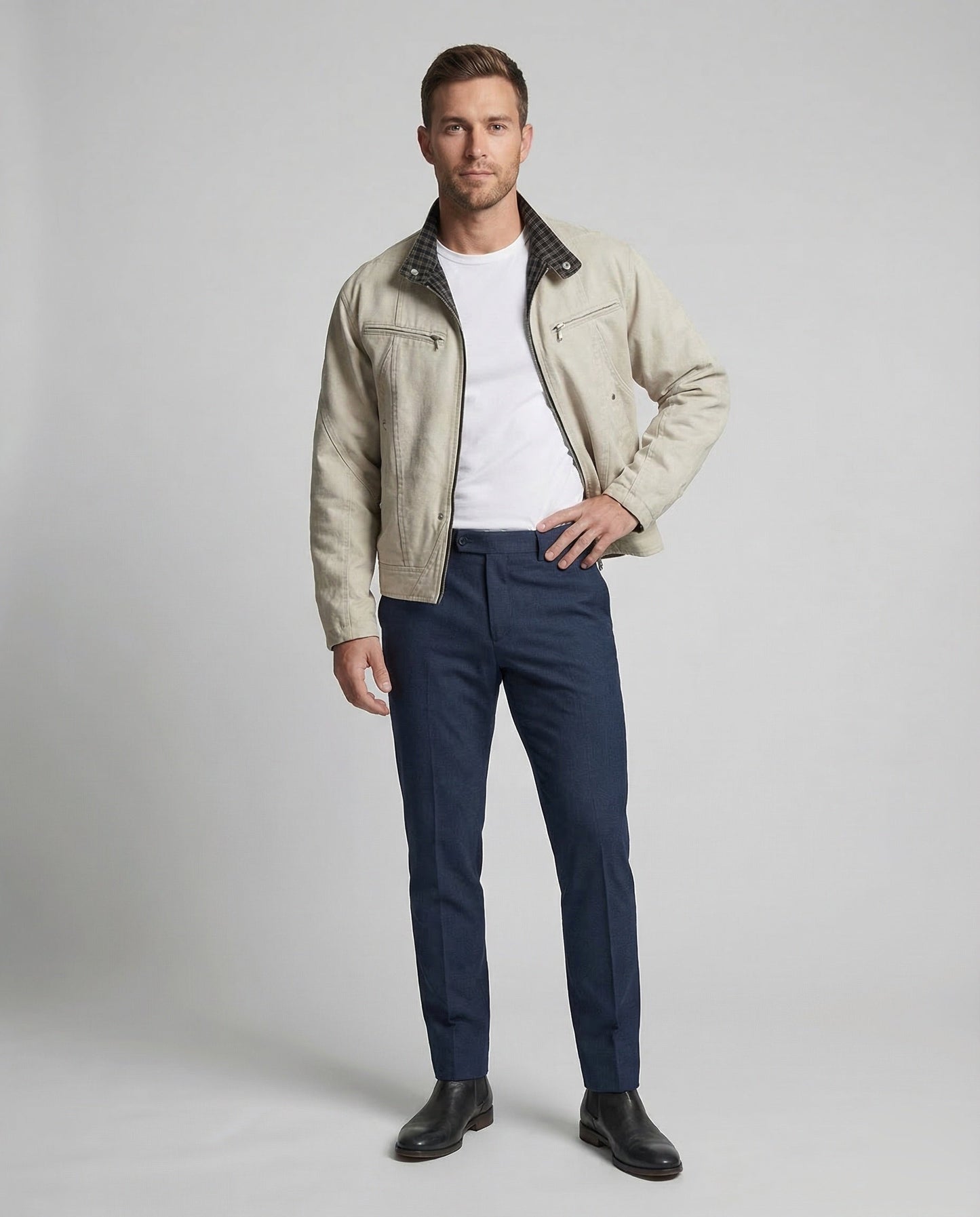 Otto | Men's Stand Collar Zip Jacket with Plaid Cuffs