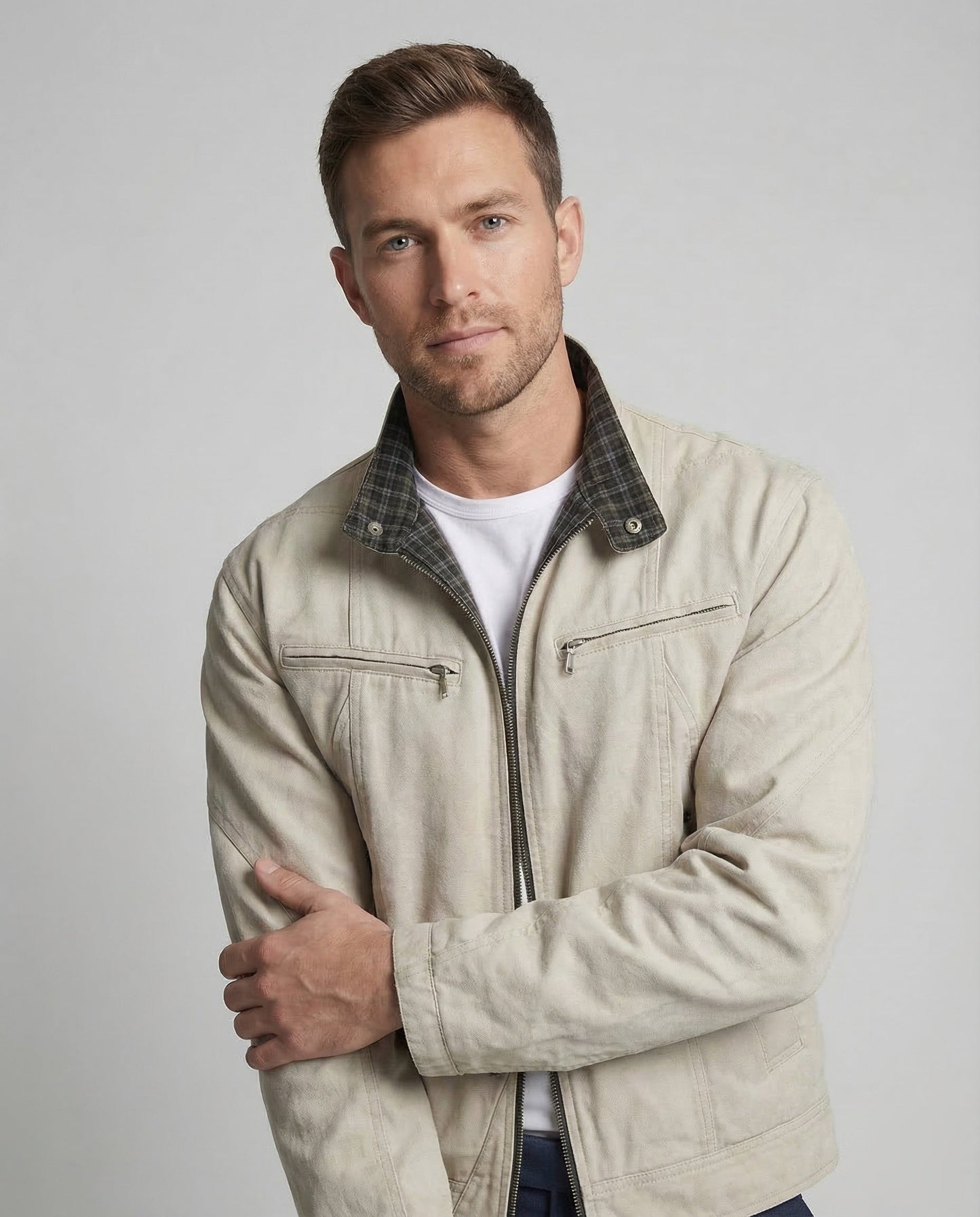 Otto | Men's Stand Collar Zip Jacket with Plaid Cuffs