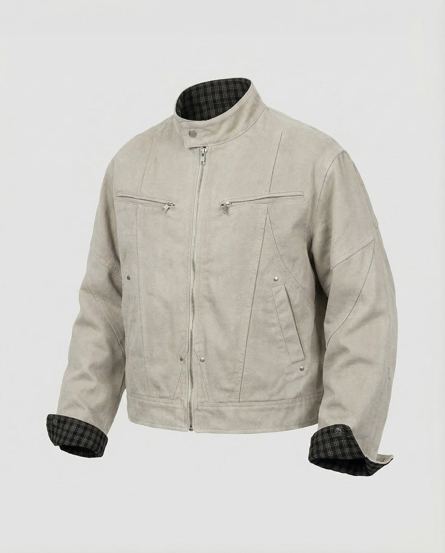 Otto | Men's Stand Collar Zip Jacket with Plaid Cuffs