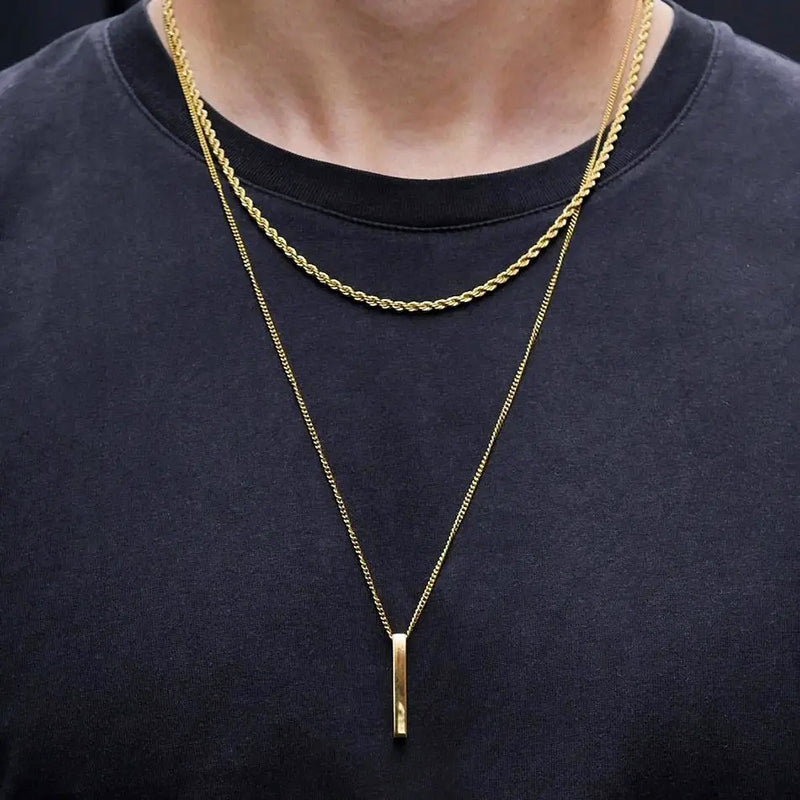 Minimalist Double Chain Necklace with Bar Pendant