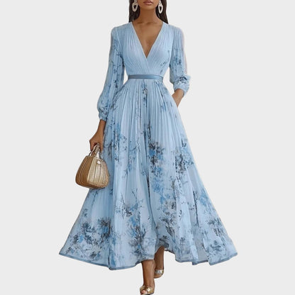 Plyssara | Printed Pleated Deep V Occasion Maxi Dress