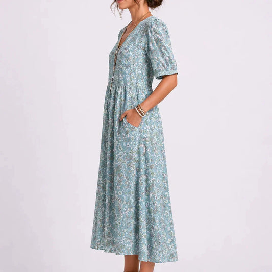 Celline | Printed A-Line Button Front Midi Dress with Pockets