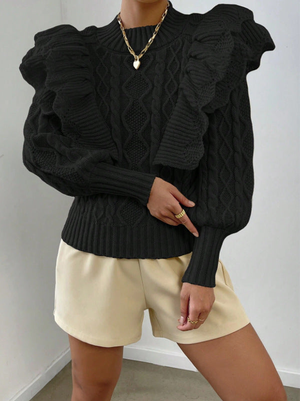 Kylie | Women's Ruffle Cable Knit Long Sleeve Sweater