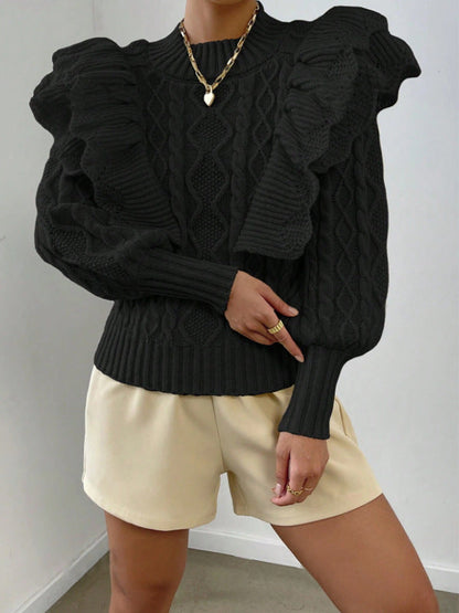 Kylie | Women's Ruffle Cable Knit Long Sleeve Sweater