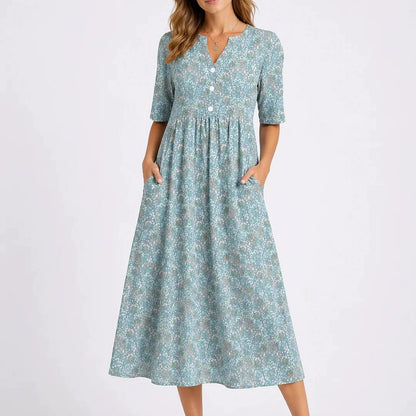 Celline | Printed A-Line Button Front Midi Dress with Pockets