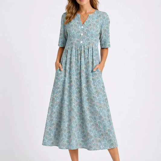 Celline | Printed A-Line Button Front Midi Dress with Pockets
